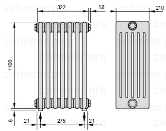 Схема (чертеж) Радиатор Zehnder Charleston 6110/7 №3570 Белый глянцевый RAL 9016
